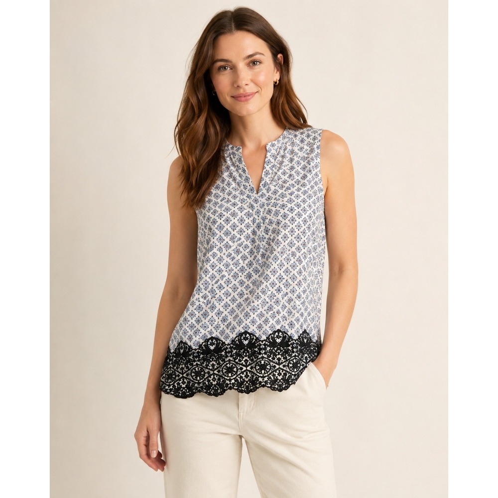 St Tropez West Floral Lace Hem Tank Womens Small Boho Blouse